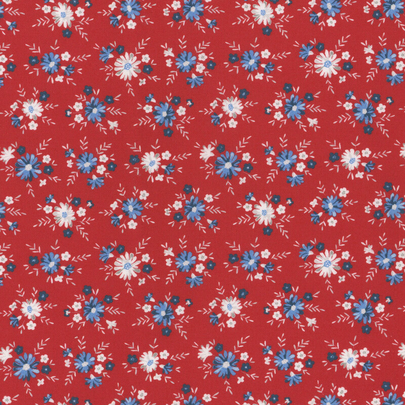 blue and white flowers scattered on bright red fabric