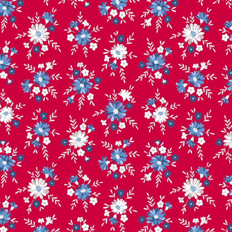 blue and white flowers scattered on bright red fabric