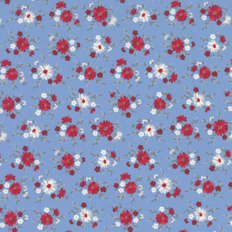 red and white flowers tossed on cornflower blue fabric