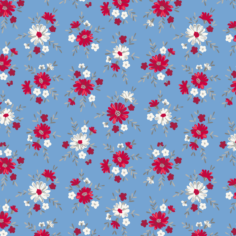 red and white flowers tossed on cornflower blue fabric