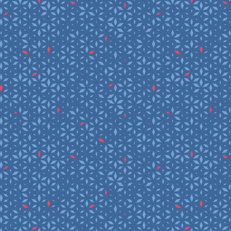 blue fabric featuring a geometric design with light blue and red