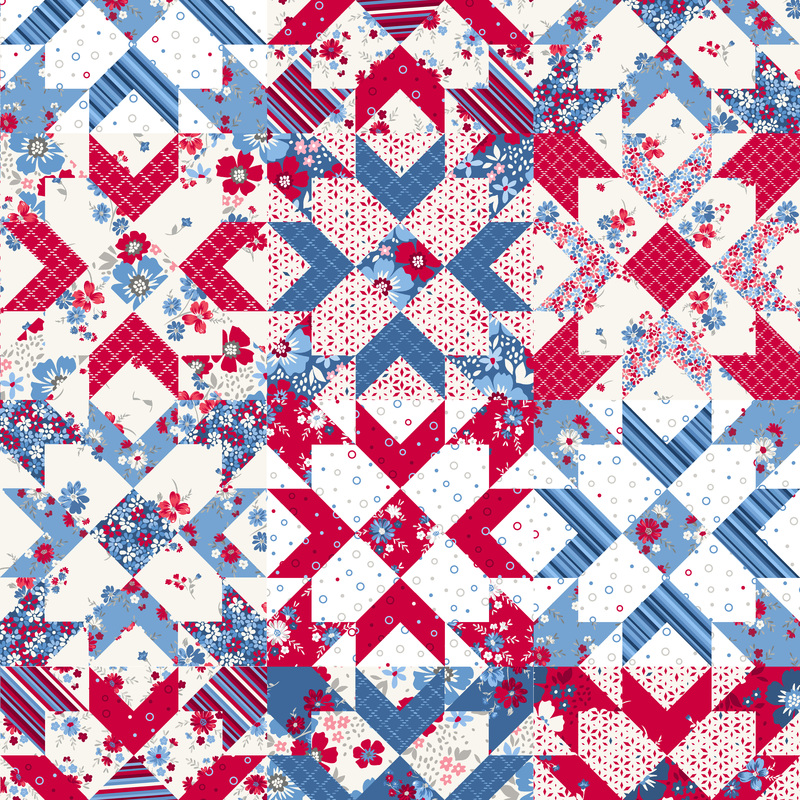 Digital image of red, white, and blue quilt star pattern fabric.