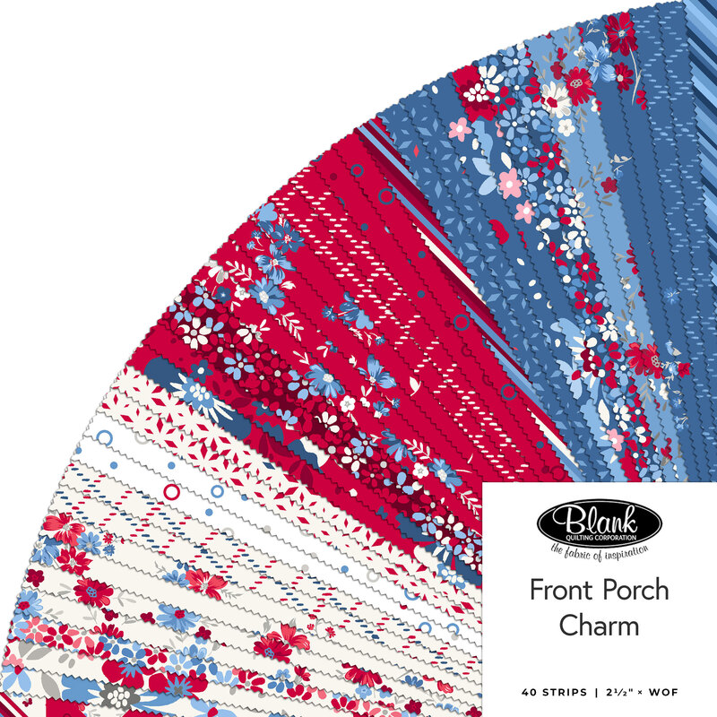 Collage of fabric strips in in the Front Porch charm collection featuring red, white, and blue in floral designs.
