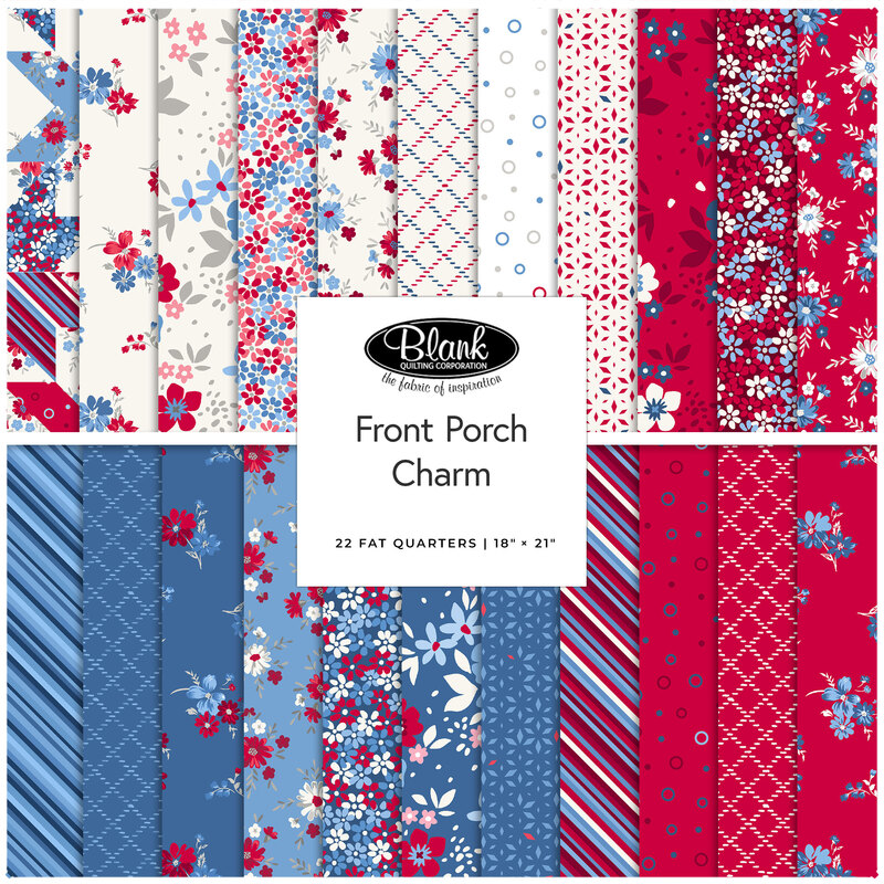 Digital collage of fabrics included in the Front Porch Charm collection with red, white, and blue with floral patterns.