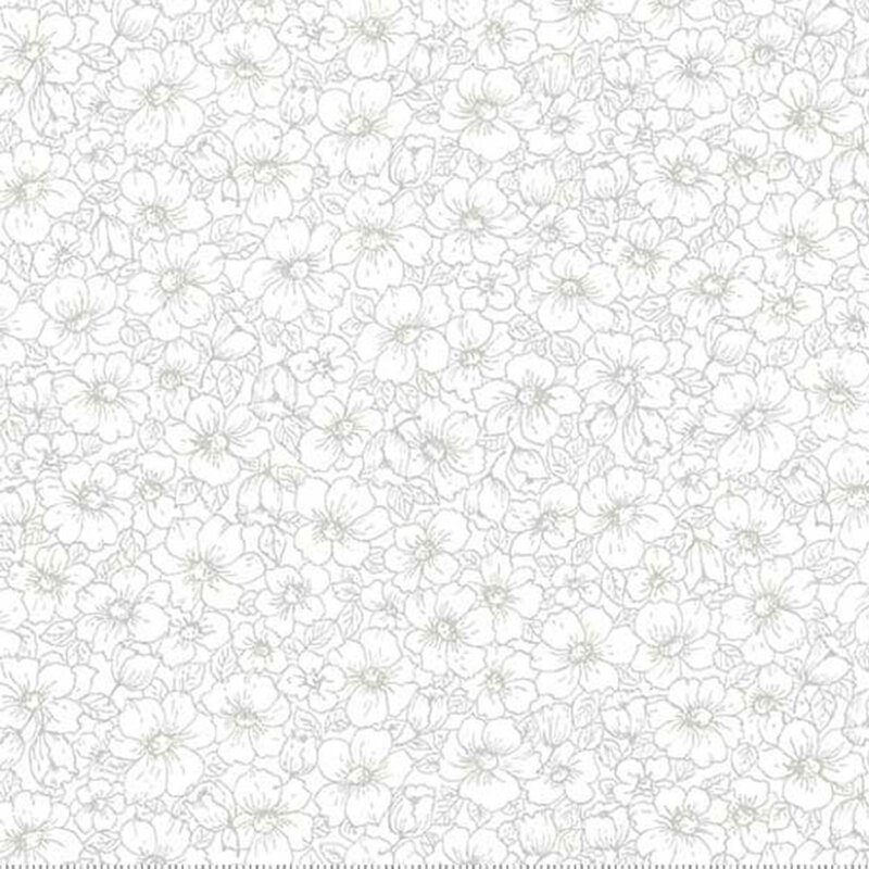 Digital scan of white-on-white fabric packed with flower blossoms and leaves.