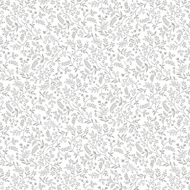 Digital scan of white-on-white fabric adorned with mini vines and berries.