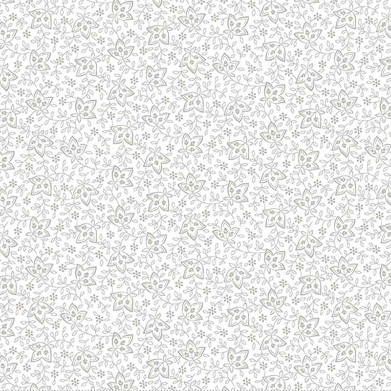 Digital scan of white-on-white fabric scattered with tulips, vines, and leaves.