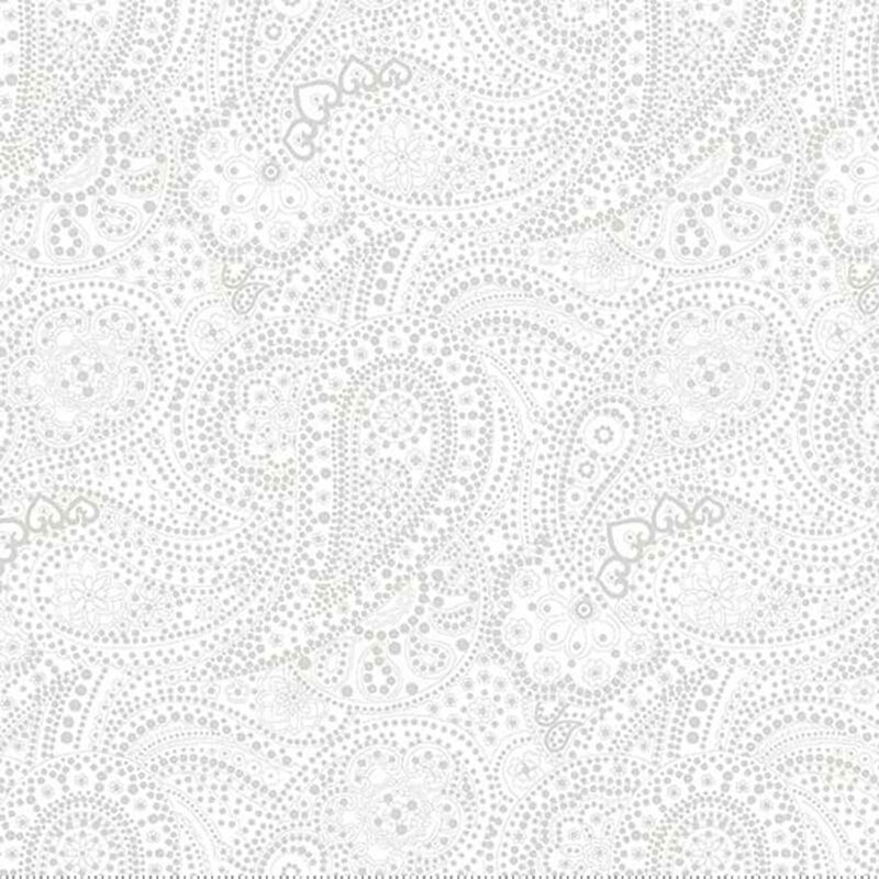 Digital scan of white-on-white fabric with stippled paisley designs.