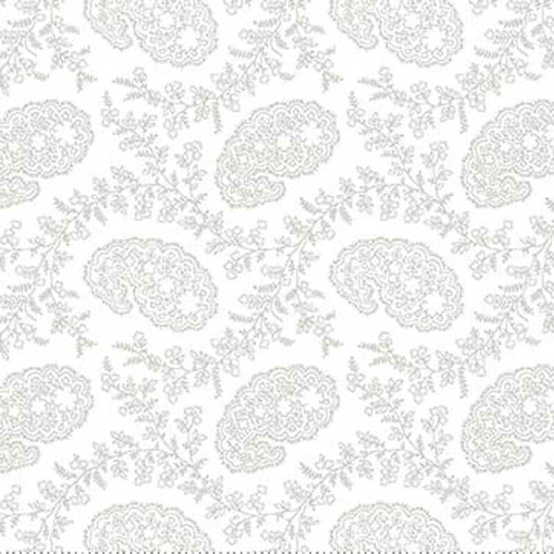 Digital scan of white-on-white fabric featuring swirling vines and paisly floral designs.