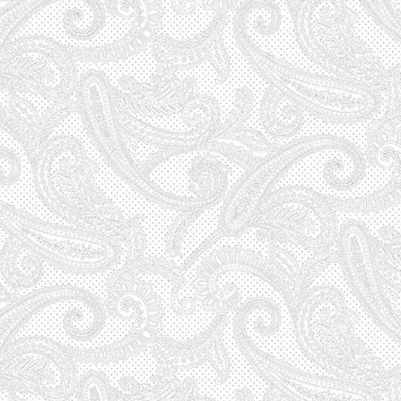 Digital scan of white-on-white fabric featuring a paisley pattern on a pinprick dot background.
