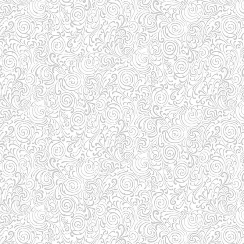 Digital scan of white-on-white fabric with filigree and swirl designs.