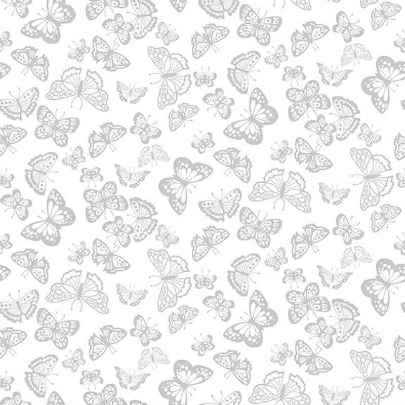 Digital scan of white-on-white fabric featuring butterflies scattered across the background.