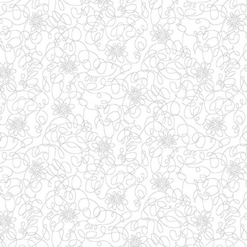 Digital scan of white-on-white fabric featuring flowers tossed with swirling lines.