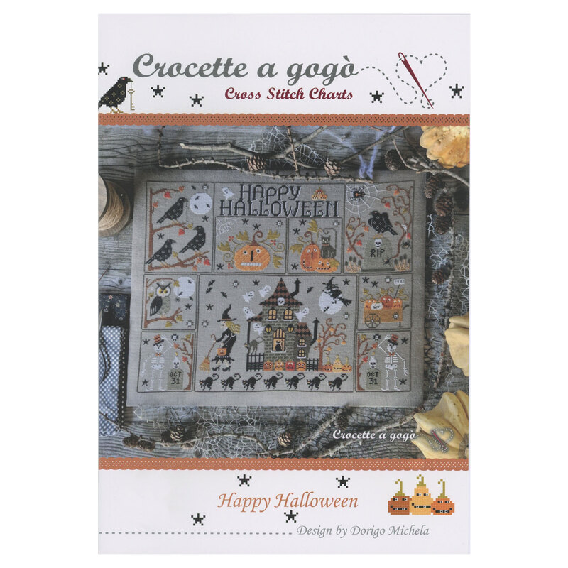 Front of pattern showing a picture of the completed project staged with Halloween decor.