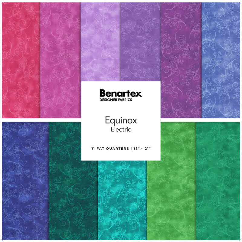 Two stacked rows of bright fabrics with swirling textured fabric from the Equinox - Electric FQ Set.