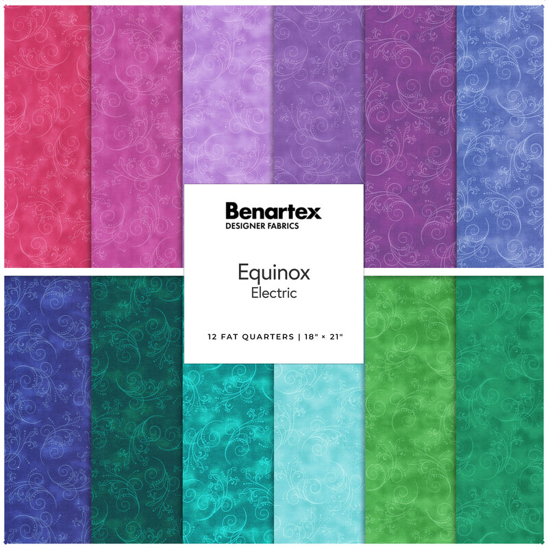 Two stacked rows of bright fabrics with swirling textured fabric from the Equinox - Electric FQ Set.