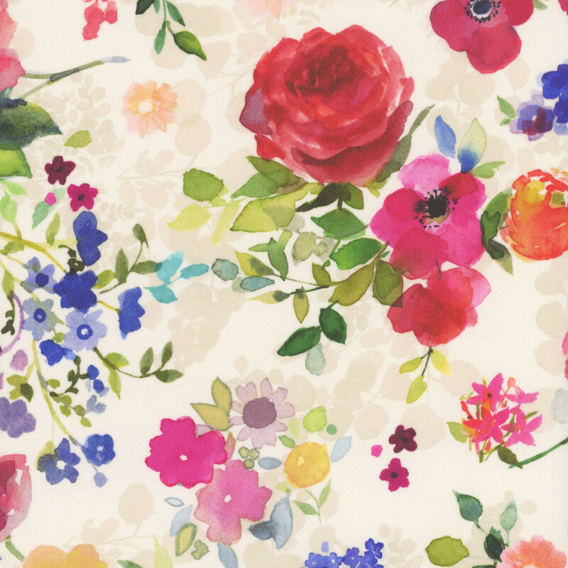 pink and crimson roses tossed with lilac and blue poppies on cream fabric