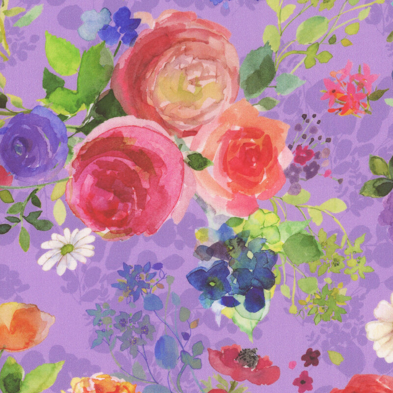 pink and crimson roses tossed with lilac and blue poppies on lilac purple fabric