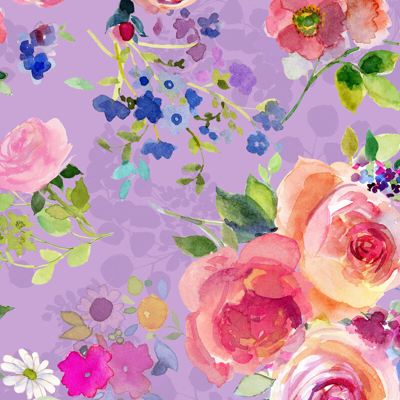 pink and crimson roses tossed with lilac and blue poppies on lilac purple fabric