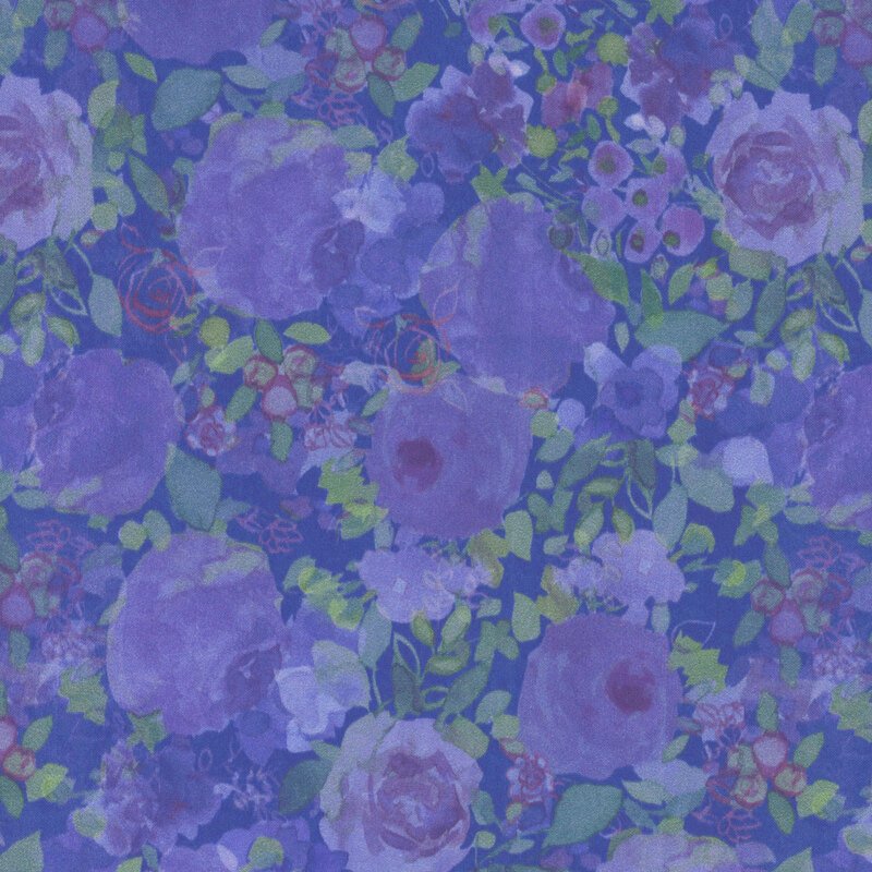 dark violet floral roses and berries tossed with viridian and olive leaves on navy blue fabric