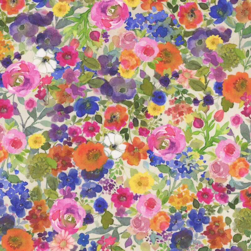 bright flowers in red, orange, pink, blue, purple packed on a cream fabric