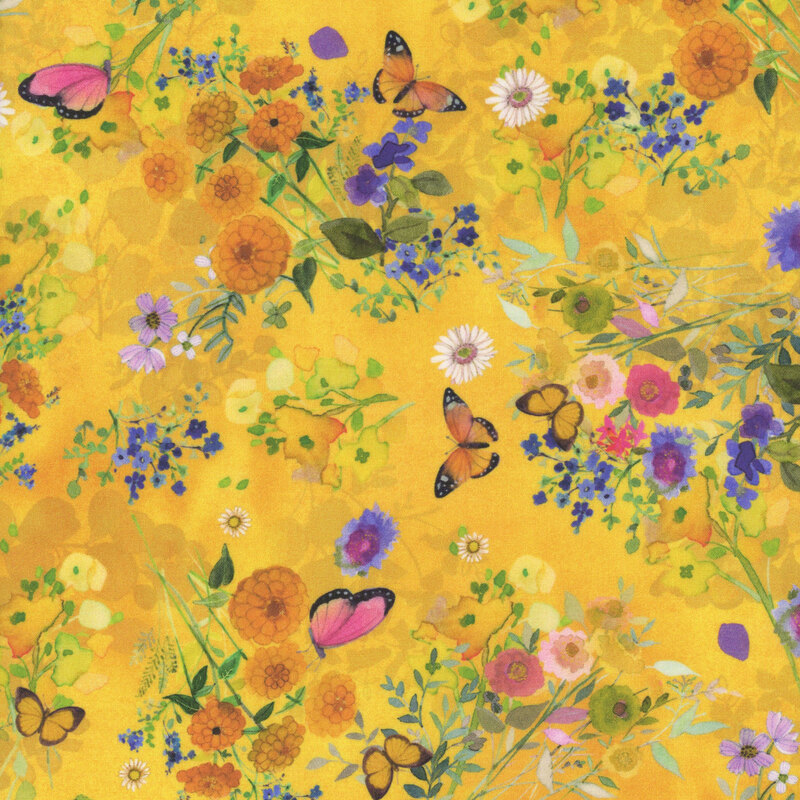 wildflowers in red, pink, orange, and yellow with long green stems tossed with monarch and pink butterflies on bright yellow fabric