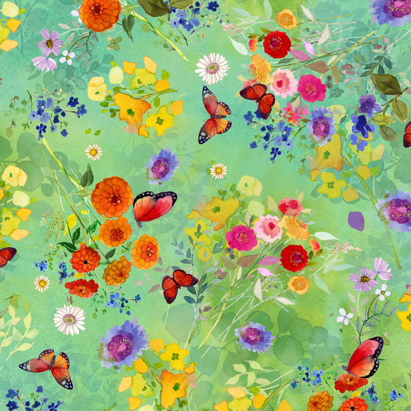 wildflowers in red, pink, orange, and yellow with long green stems tossed with monarch butterflies on mint fabric