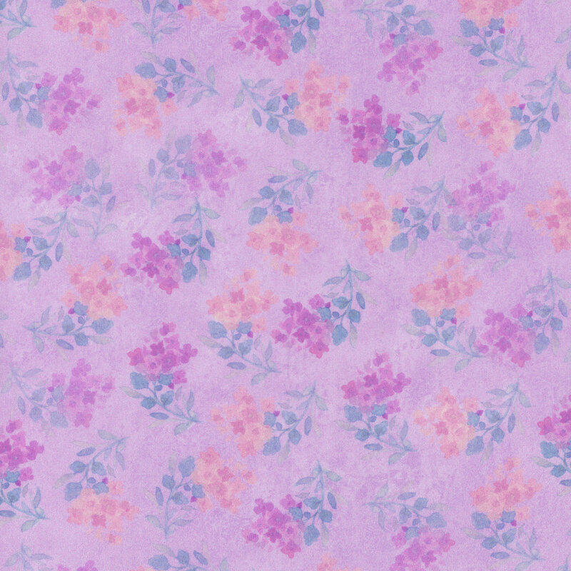 stamped watercolor flowers in pink and lilac with green leaves and stems on mottled lavender fabric