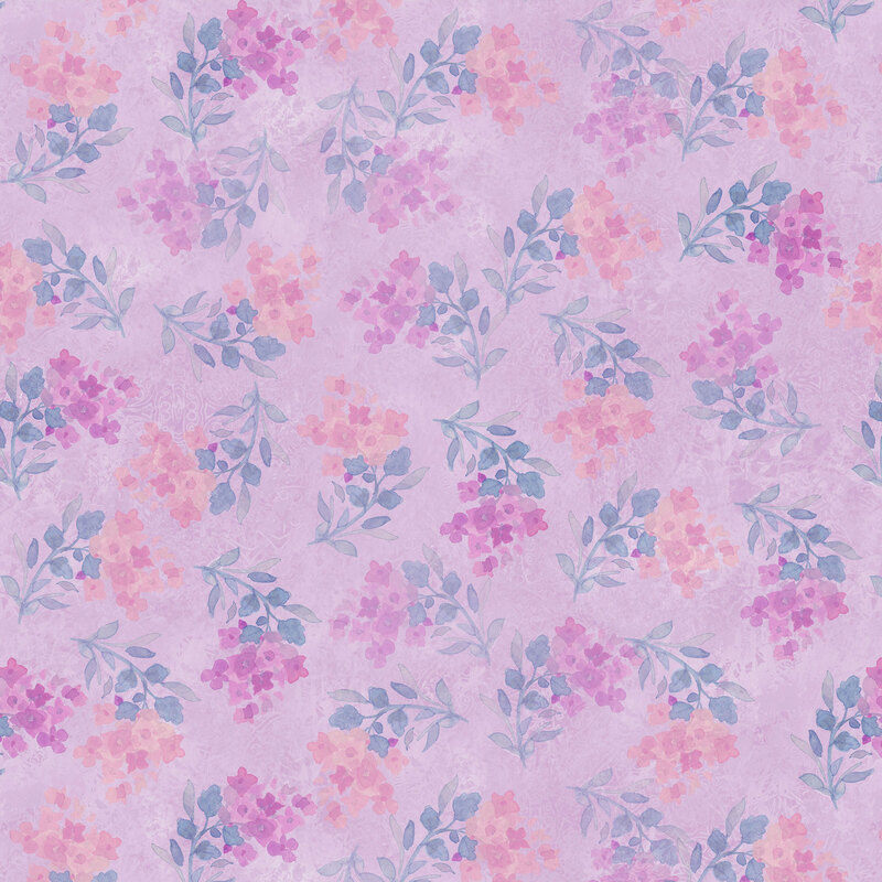 stamped watercolor flowers in pink and lilac with green leaves and stems on mottled lavender fabric