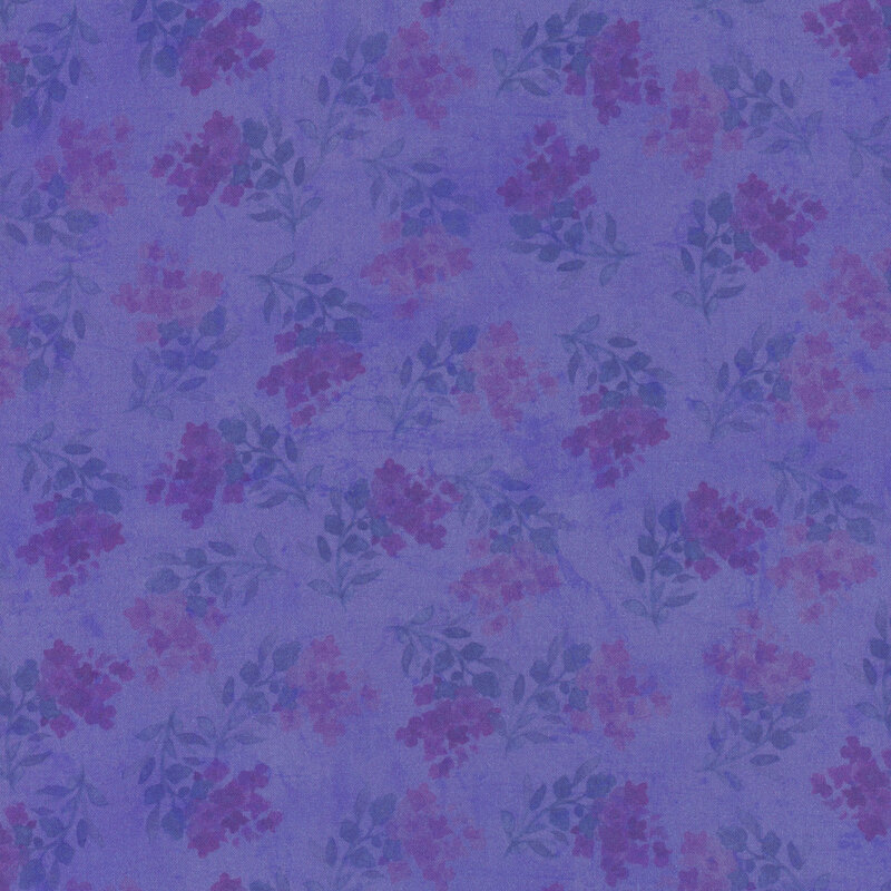 stamped watercolor flowers in dark purple and salmon orange with green leaves and stems on mottled dark violet fabric