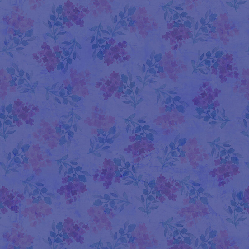 stamped watercolor flowers in dark purple and salmon orange with green leaves and stems on mottled dark violet fabric