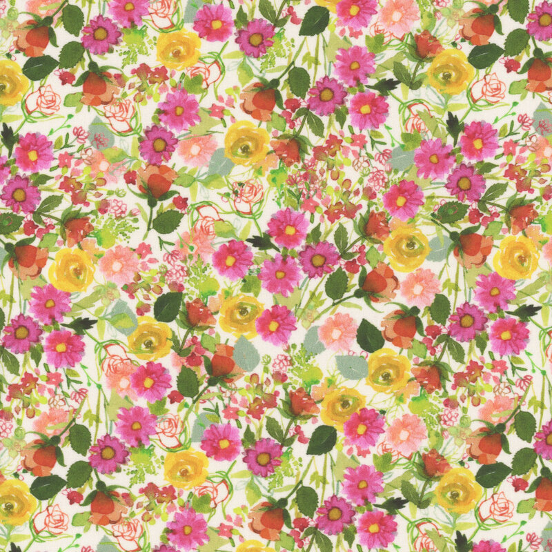 bright dahlia blooms in bright pink and dandelion packed with red rose stems on cream fabric