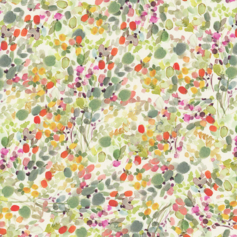 watercolor dabs in red, orange, yellow, purple, green, and olive scattered on a cream fabric