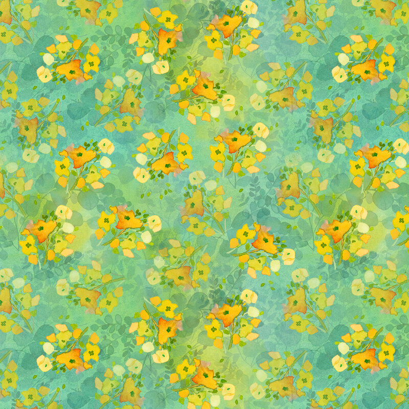 abstract watercolor dandelion and bright yellow flowers tossed on mottled mint fabric