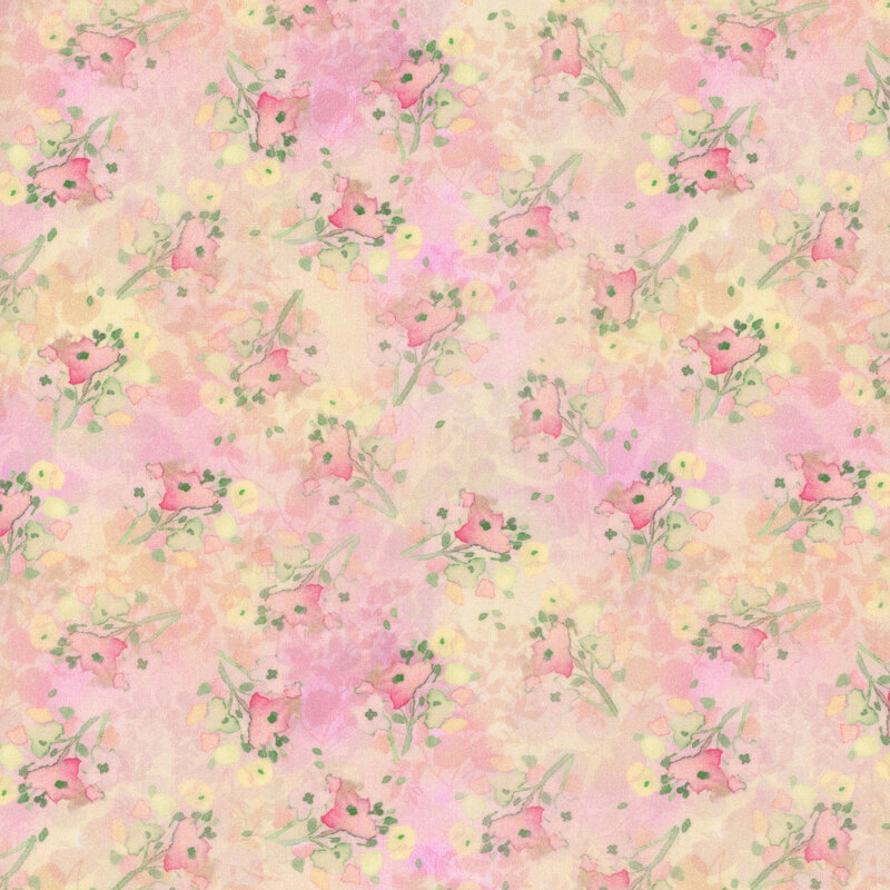 abstract watercolor pale rose and coral flowers tossed on mottled pink fabric