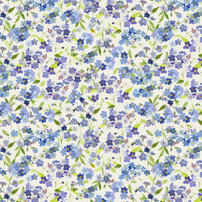 lilac, pale blue, and navy forget-me-not flowers tossed on cream fabric