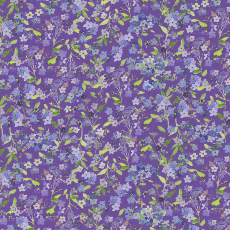 lilac, aqua, and navy forget-me-not flowers tossed on amethyst fabric