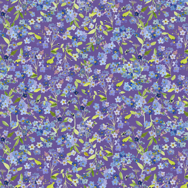 lilac, aqua, and navy forget-me-not flowers tossed on amethyst fabric