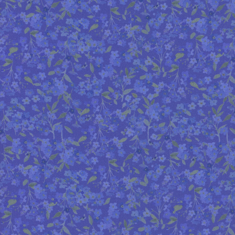 iris, powder blue, and navy forget-me-not flowers tossed on sapphire blue fabric