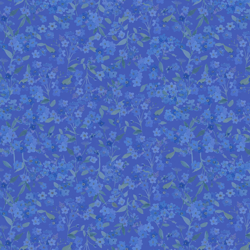 iris, powder blue, and navy forget-me-not flowers tossed on sapphire blue fabric