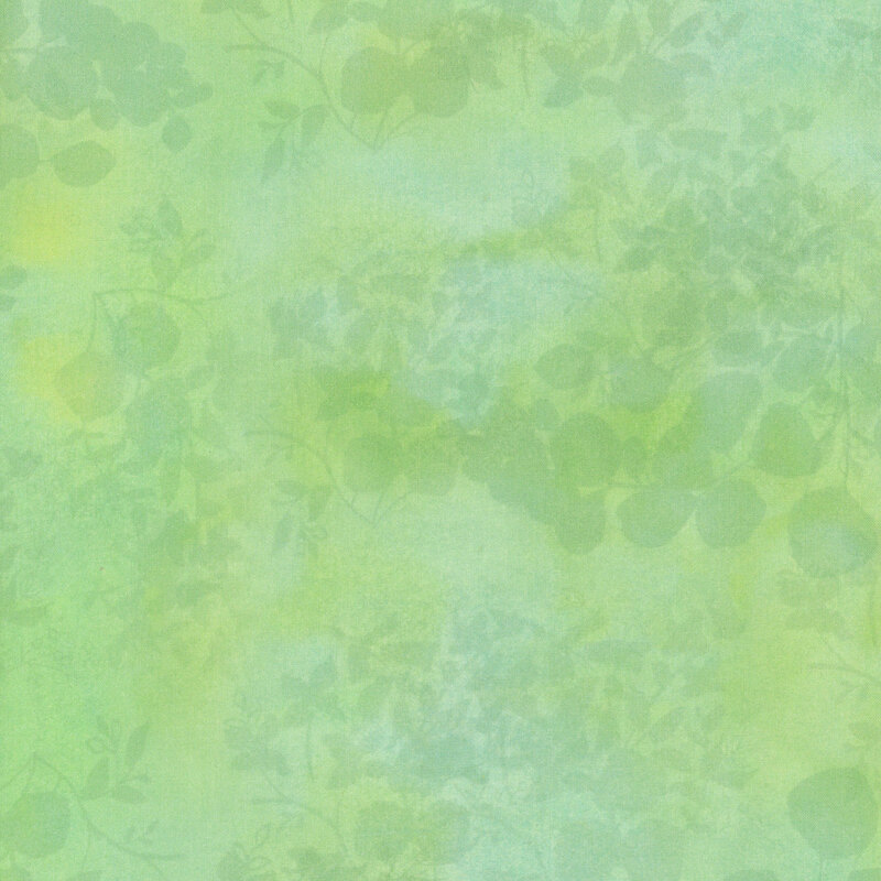 mottled tonal mint fabric featuring leaves and vines