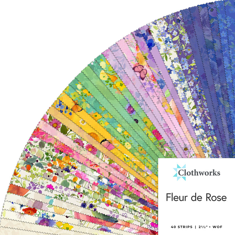 Collage of fabric strips in cream, pink, yellow, green, purple, and blue featuring floral patterns.