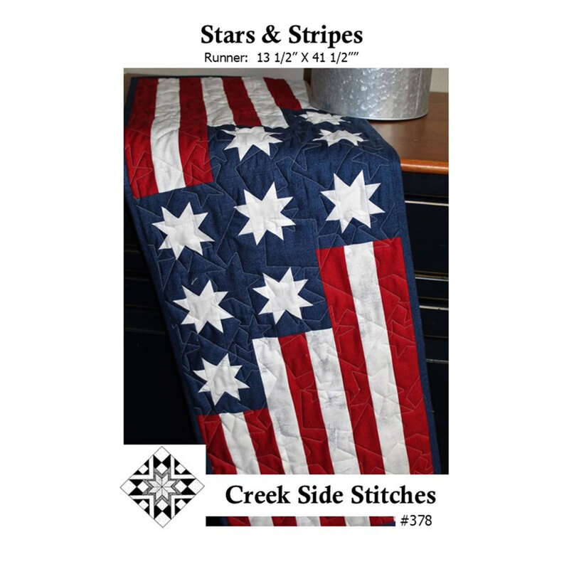 Front of pattern showing the completed table runner staged on a wooden countertop.