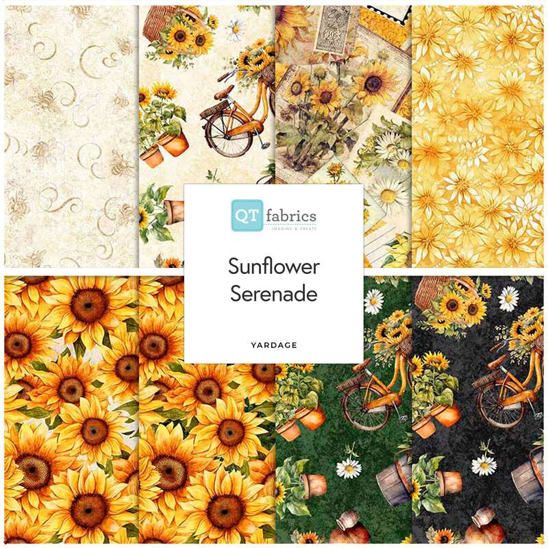 Digital collage of fabrics included in the Sunflower Serenade collection with cream, yellow, green, and black in a sunflower motif