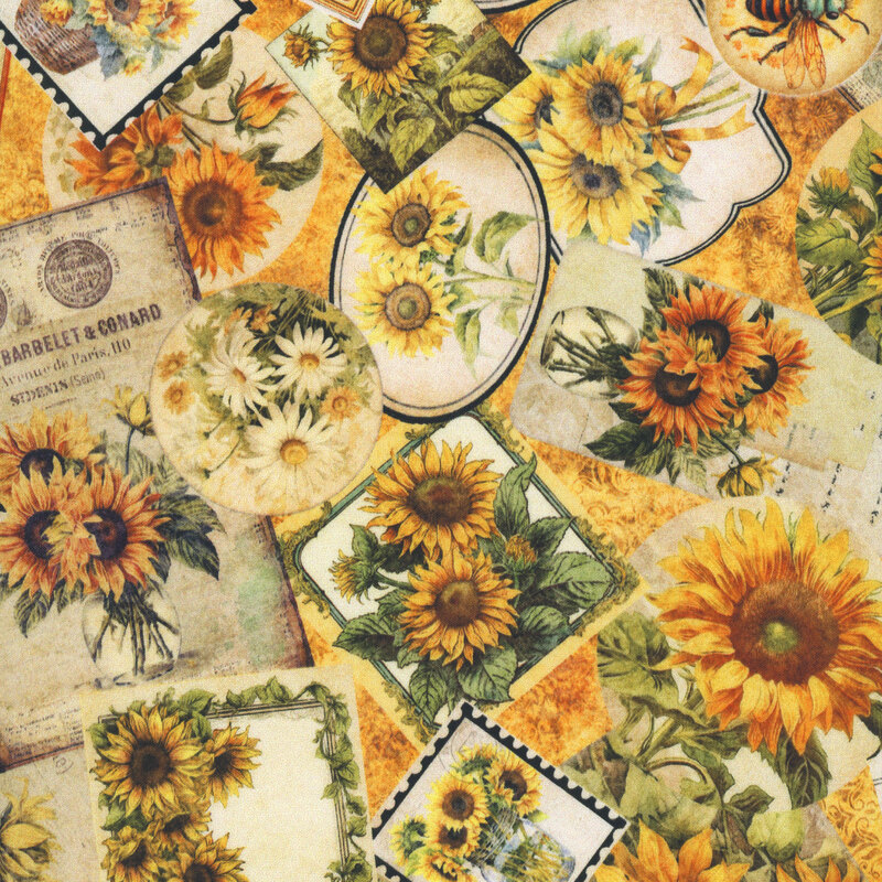 Vintage style photographs and notes of sunflowers and daisies tossed on a mottled gold background.