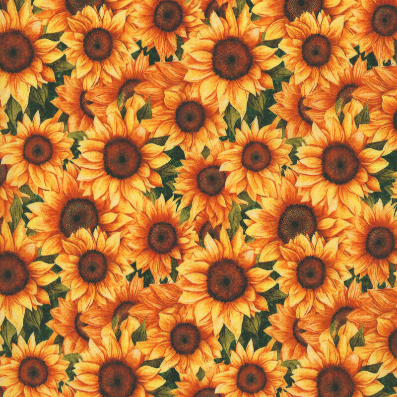 Bright yellow, gold, and orange sunflower flowerheads packed on mottled dark green fabric