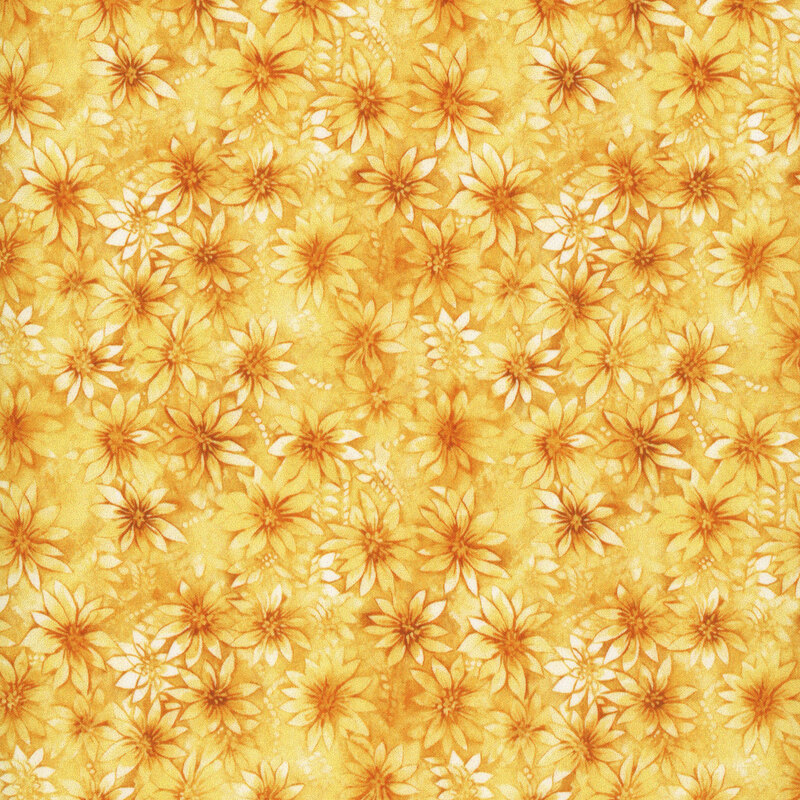 flowers in gold, yellow, orange, and white packed on mottled yellow fabric