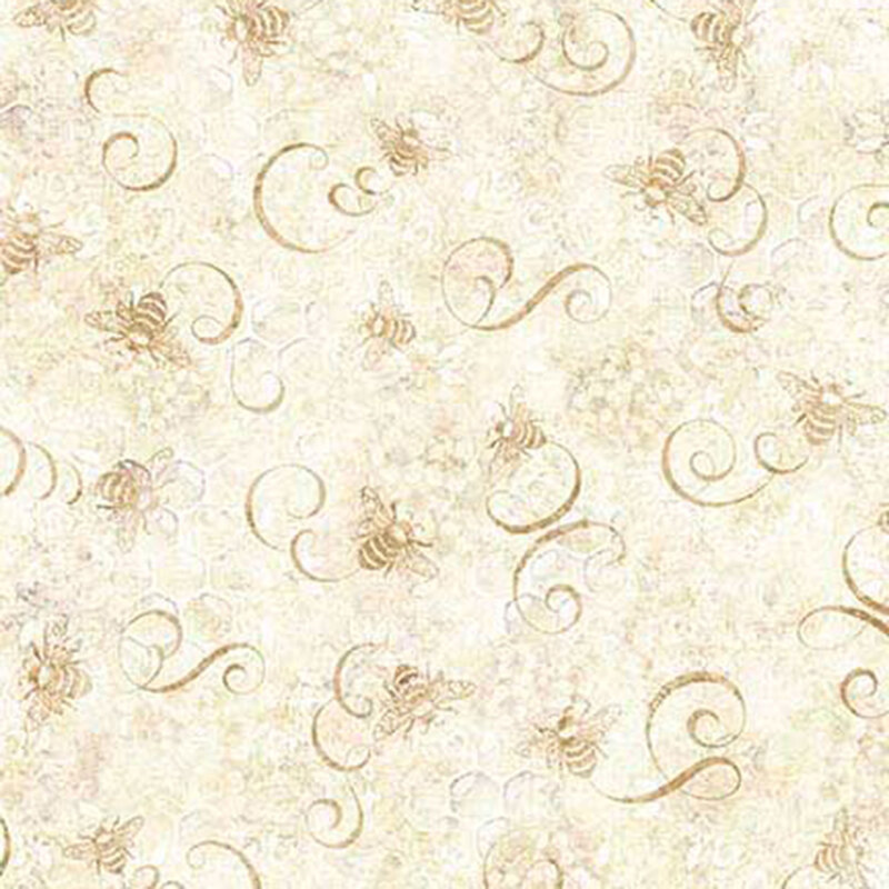 bees and swirls tossed on mottled tonal cream fabric
