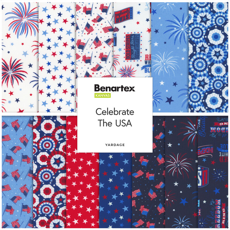 Fabric patterns featuring patriotic themes, including stars, stripes, and fireworks.