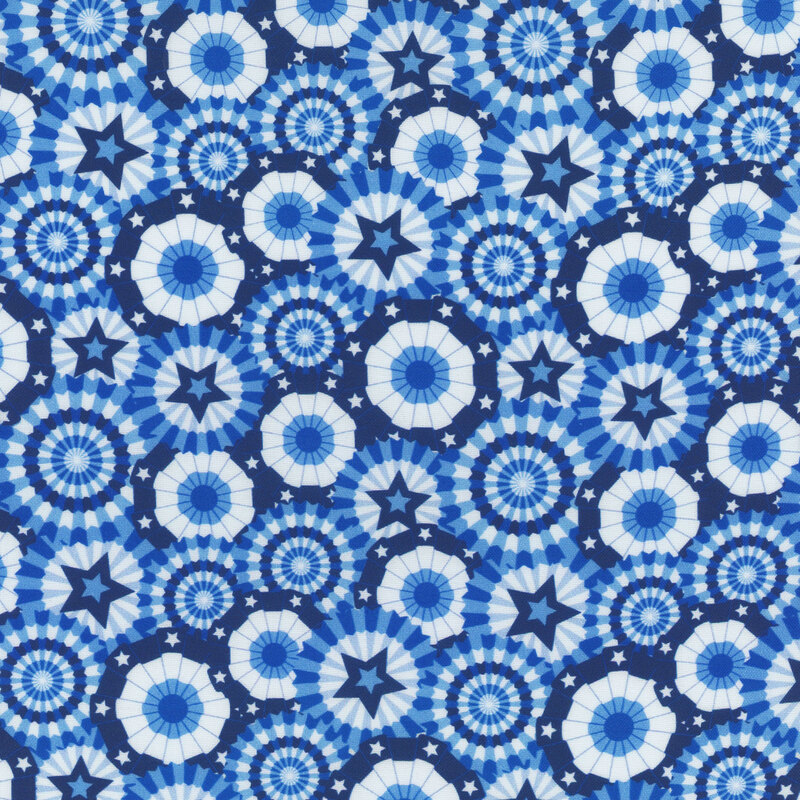 Blue and white fabric pattern featuring circular patriotic banners and stars in a repetitive design.